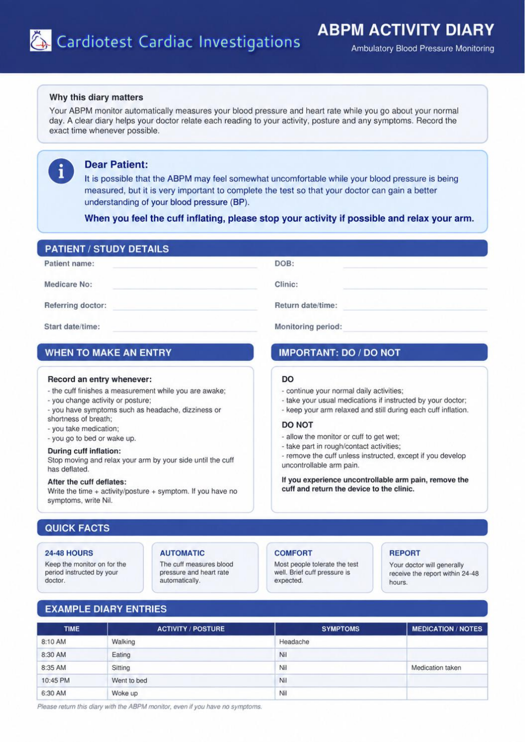 ABPM activity diary, page 1 of 2