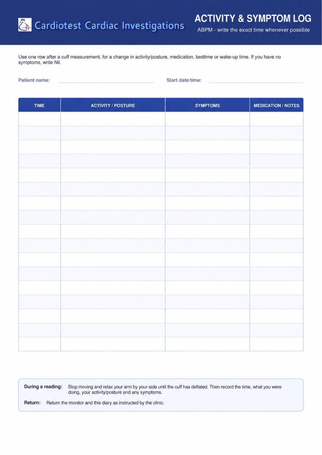 ABPM activity diary, page 2 of 2
